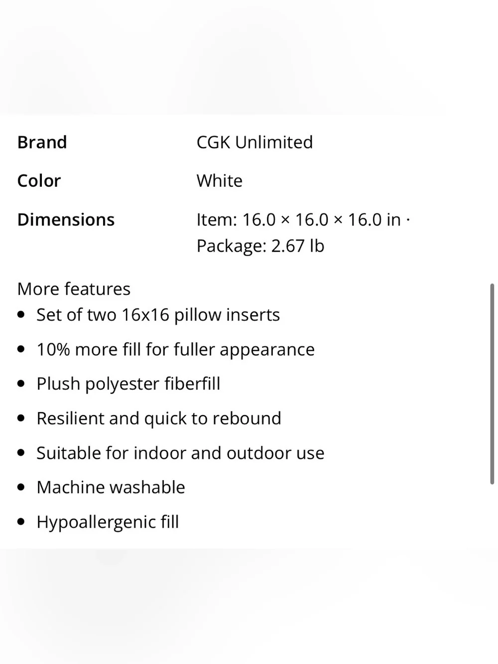 SQUARE Throw Pillow Inserts 16x16” (2-pack)
